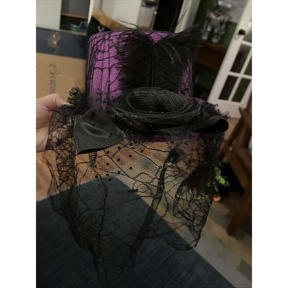 Fancy Purple Hat Black Veil Bow Feather Rose Ribbon Spider Steampunk Top Fedora